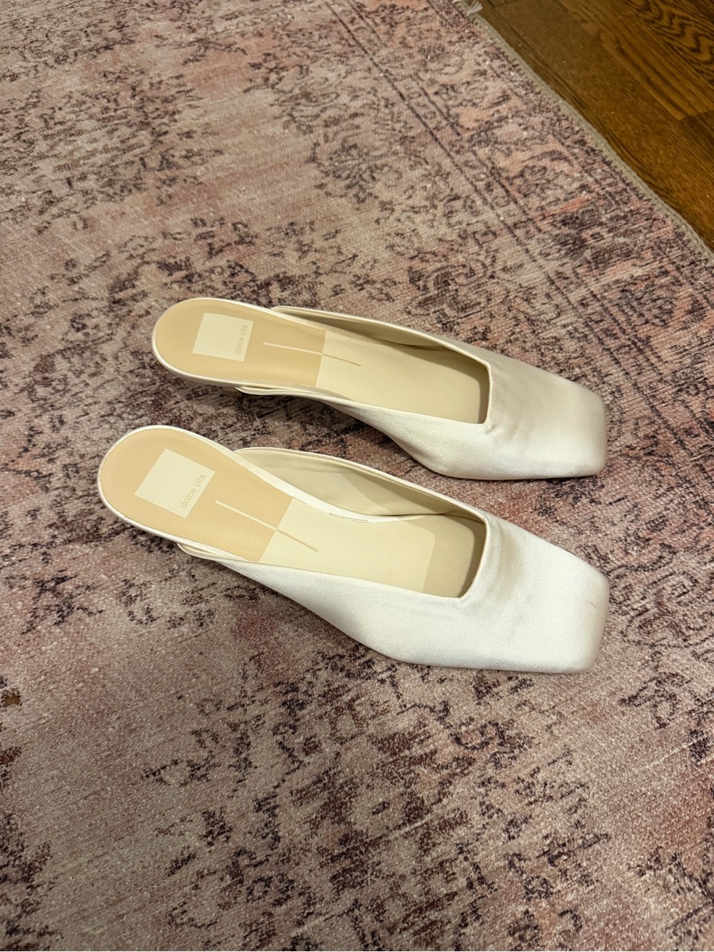 Dolce Vita Satin Square-Toe Slip-On Mules in Ivory